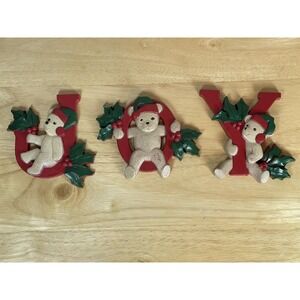 Vtg Homco Christmas JOY 3pc Teddy Bears Wall Hanging Decor Holly Berries